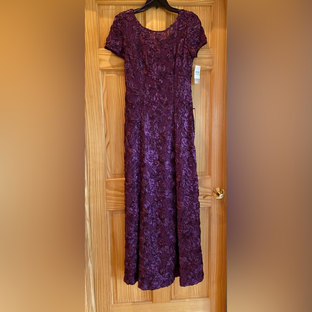 Alex Evenings Long Rosette A-Line Gown with Sequin Details & Short Sleeves